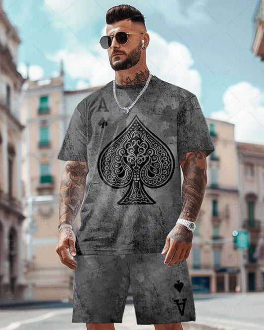 Men's Poker Cards Casual Print Shorts Set 458