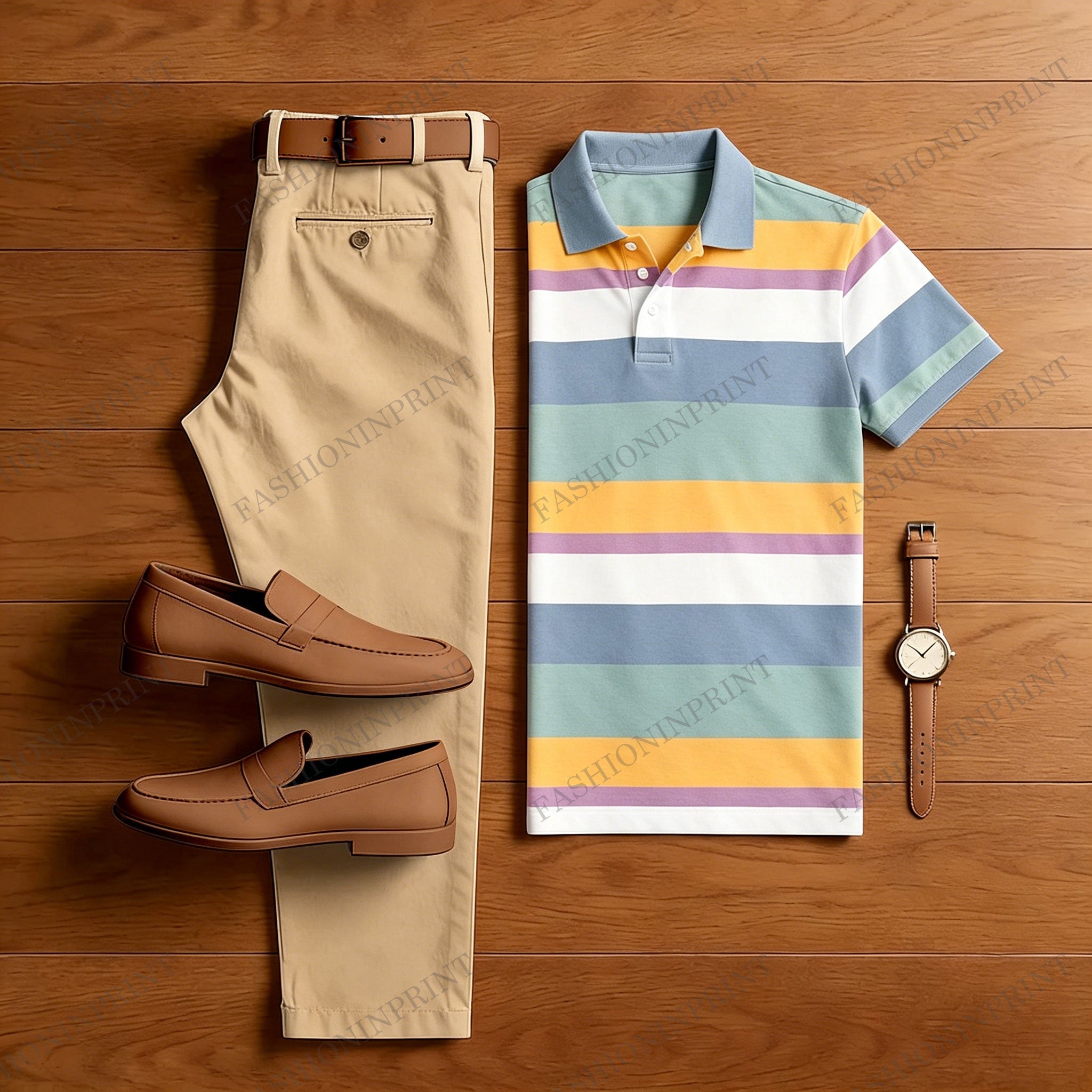 Men's Casual Colored Geometry Printed Polo Shirt And Pants Two-Piece Set