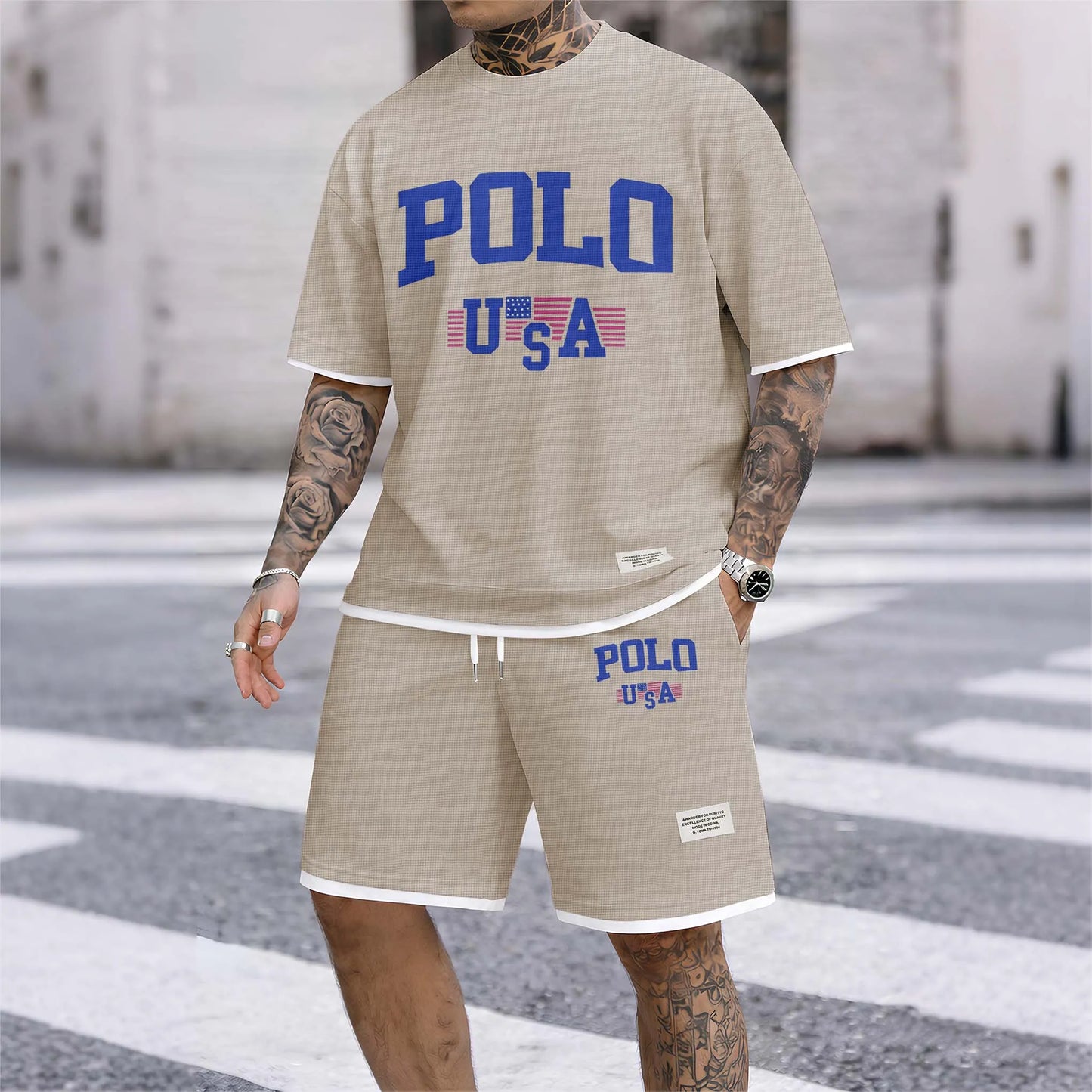 Men's USA Polo Print Drawstring Shorts Set For Spring/Summer. A Casual Summer Outfit, Including A Short-Sleeved Shirt And Shorts, Suitable For Everyday Wear And Sports. A Two-Piece Set For A Relaxed And Energetic Lifestyle.
