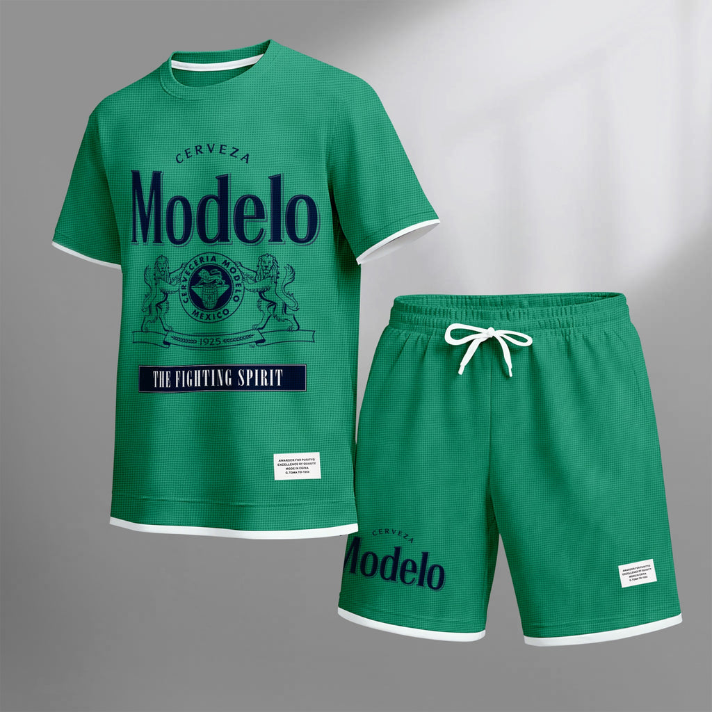Men's Beer Print Drawstring Shorts Set, Suitable For Spring And Summer Wear, Casual Summer Set, Including Short-Sleeved Shirt And Shorts, Suitable For Everyday Wear And Sports 02