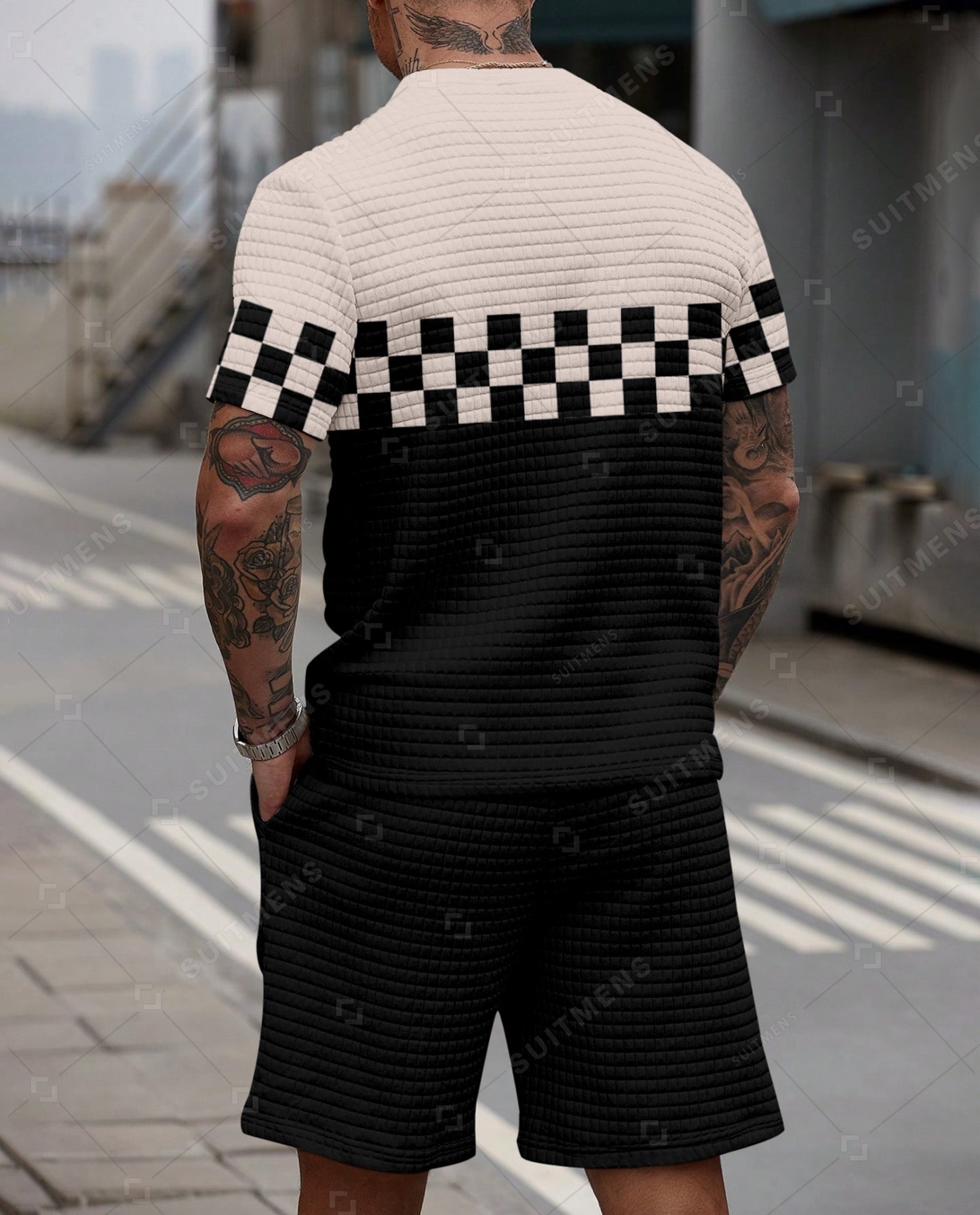 Men's Casual Waffle Textured Summer Round Neck Short Sleeve Shorts Set 0017