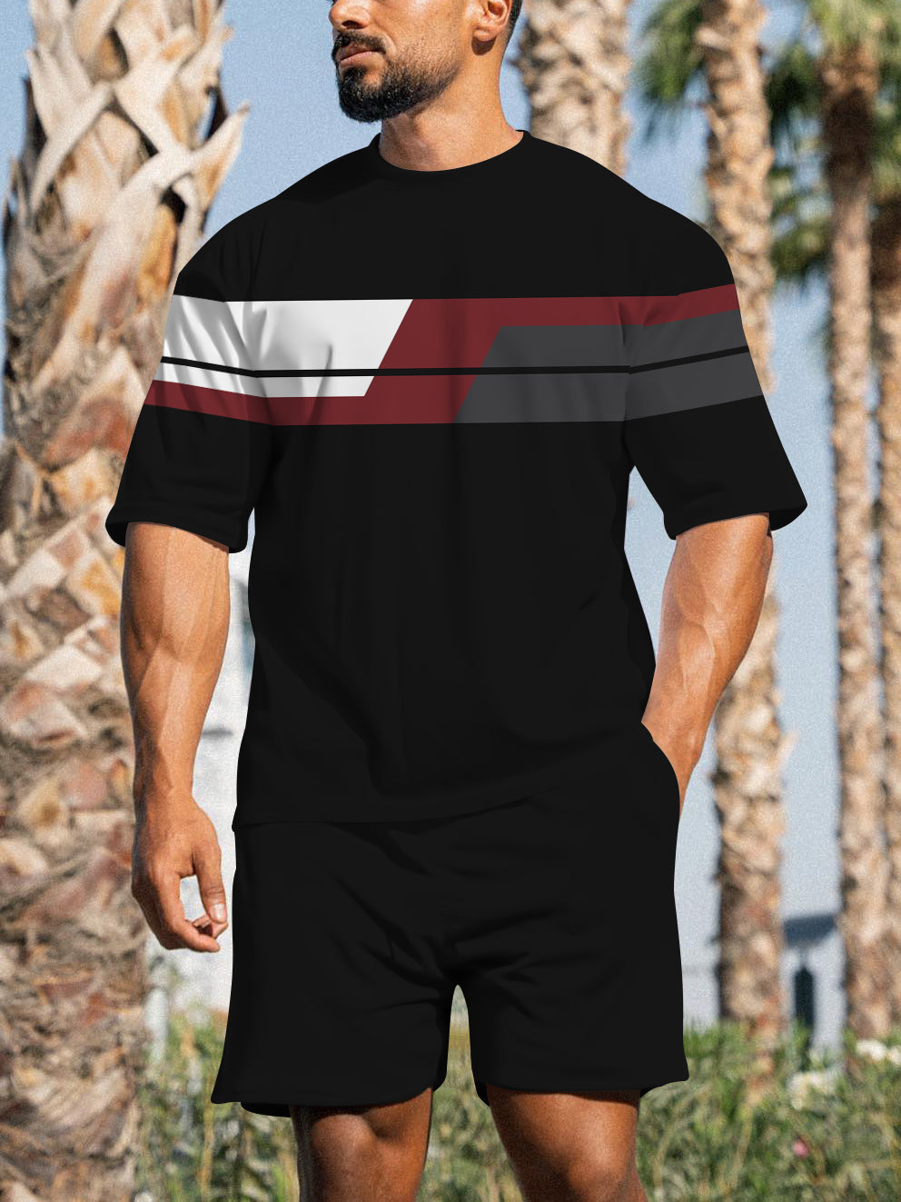 Men's Casual Sports Street Simple Color Block Printed Shorts Suit 006