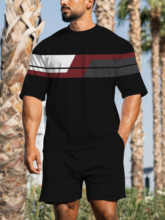 Men's Casual Sports Street Simple Color Block Printed Shorts Suit 006