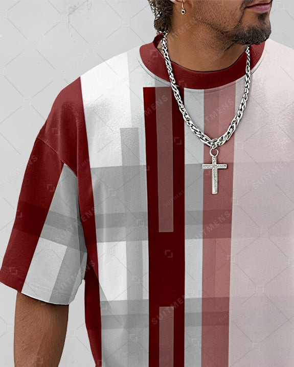 Men's Summer Colorblock Printed Round Neck Suit 083