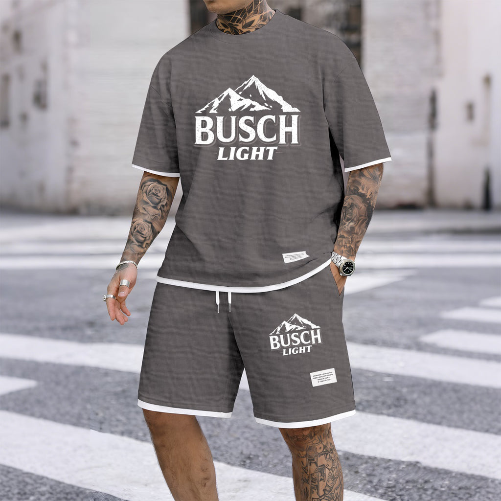 Men's Retro Mountain Beer Print Waffle Fabric Short-Sleeved Shirt And Shorts Set