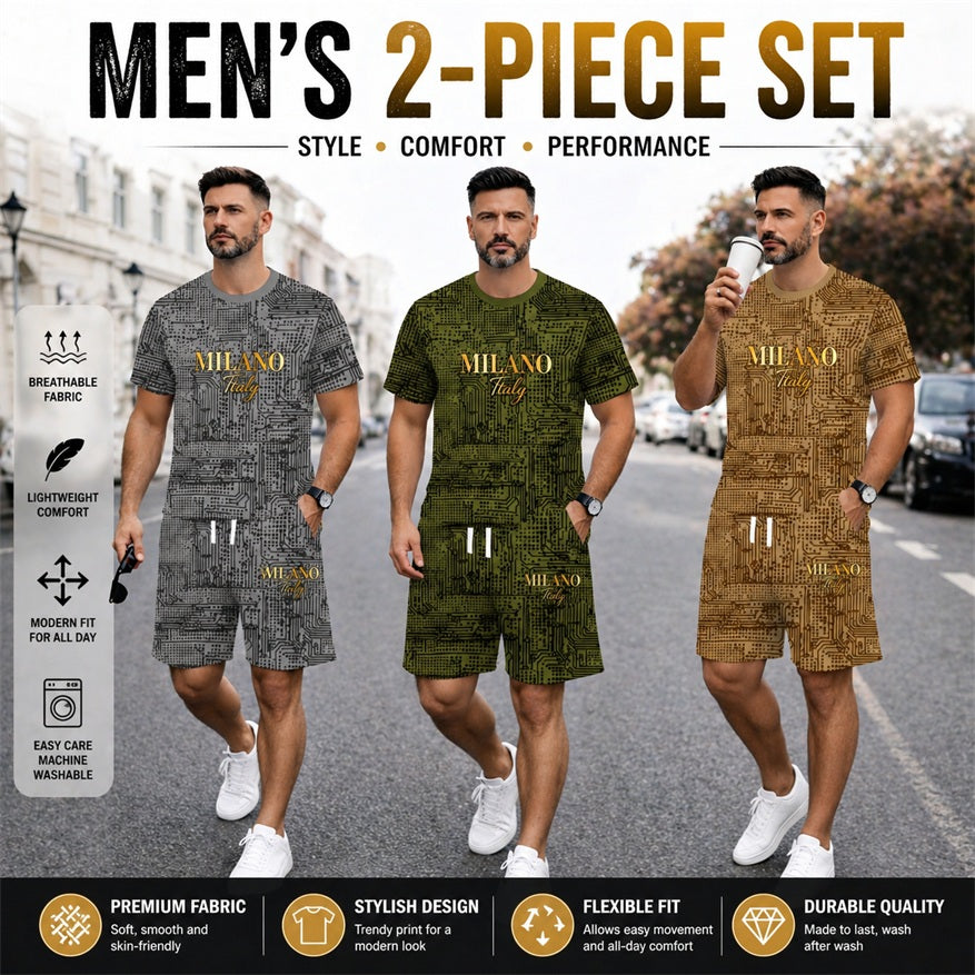 Men’s MILANO Graphic 2 Piece Outfit, Short Sleeve Tee and Drawstring Shorts Set, Breathable Casual Summer Set for Gym, Running, Vacation, Beach and Outdoor