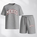 Men's Spring/Summer Mexican-Print Plaid Drawstring Shorts Set—A casual summer outfit featuring a short-sleeve shirt and shorts, ideal for both everyday wear and athletic activities