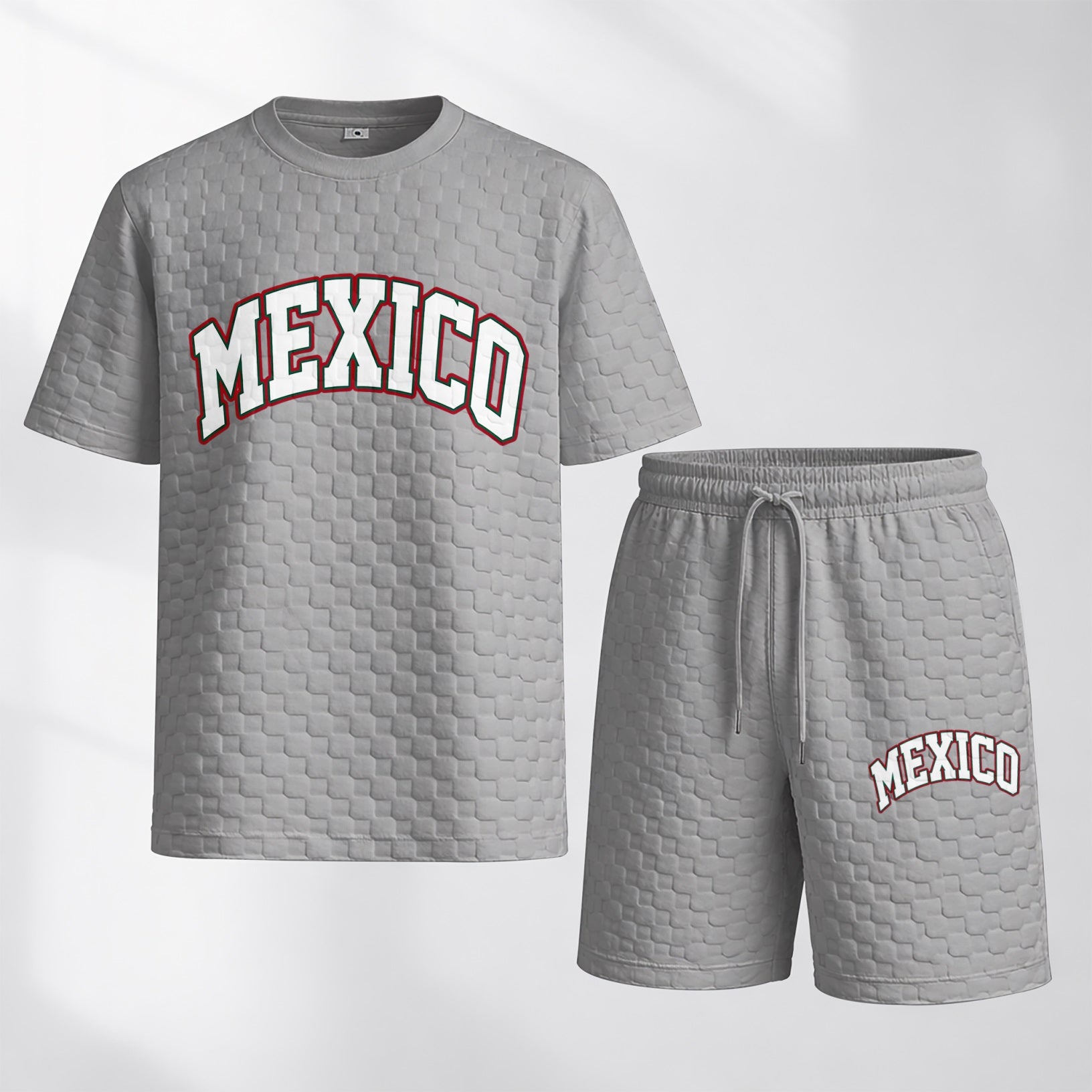Men's Spring/Summer Mexican-Print Plaid Drawstring Shorts Set—A casual summer outfit featuring a short-sleeve shirt and shorts, ideal for both everyday wear and athletic activities