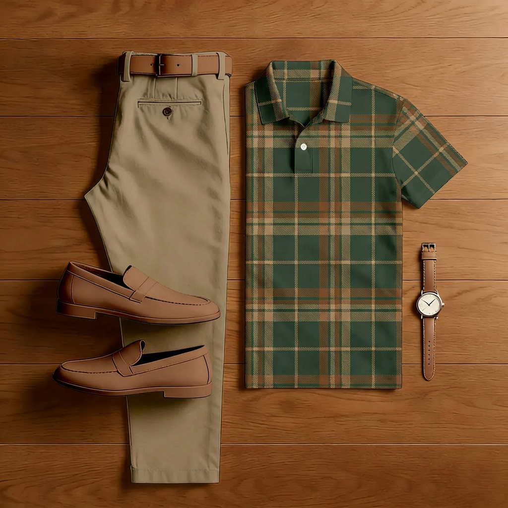 Men's Casual Green & Brown Plaid Print Short-Sleeved Polo Shirt And Trousers Two-Piece Set