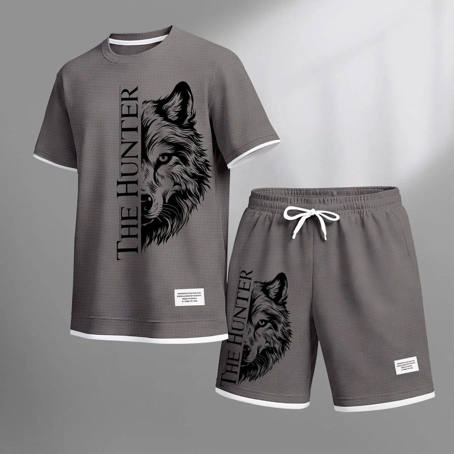 Men's "The Hunter" Wolf Head Graphic Print Waffle Short Sleeve T-Shirt & Shorts Set, Summer Lightweight Casual Sporty Two-Piece Outfit, Streetwear for Gym & Daily Wear