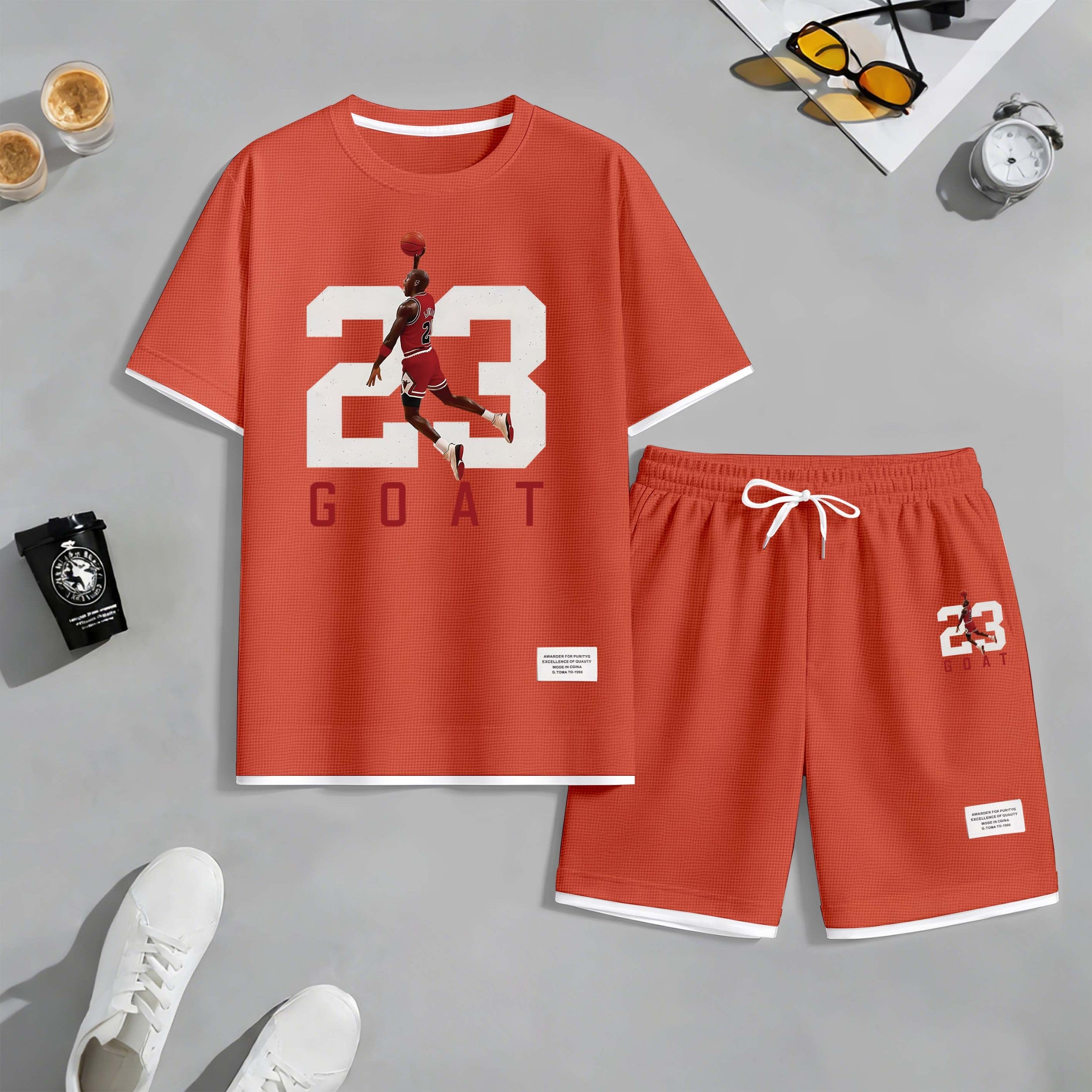 Men's Basketball 23 Print Drawstring Shorts Set For Spring/Summer. A Casual Summer Outfit, Including A Short-Sleeved Shirt And Shorts, Suitable For Everyday Wear And Sports. A Two-Piece Set For A Relaxed And Energetic Lifestyle.