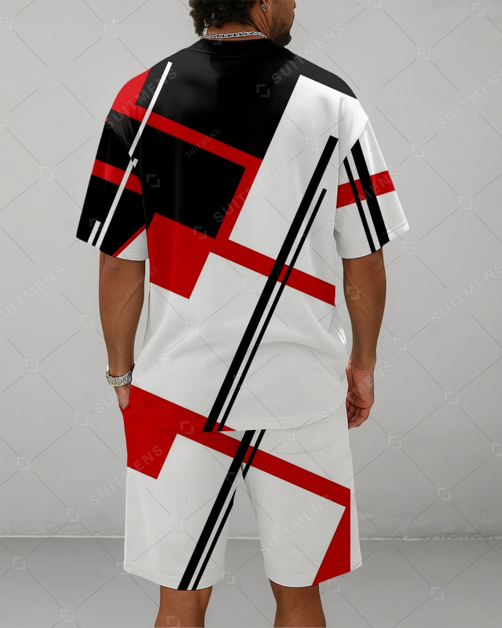 Men's Summer Colorblock Printed Round Neck Suit 075
