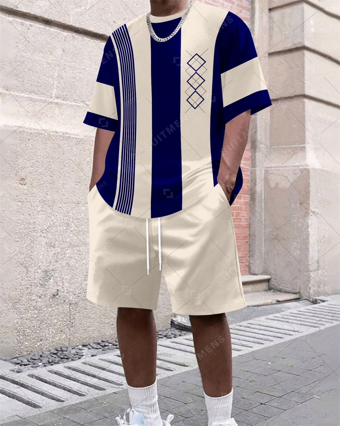 Men's Summer Colorblock Printed Round Neck Set 381