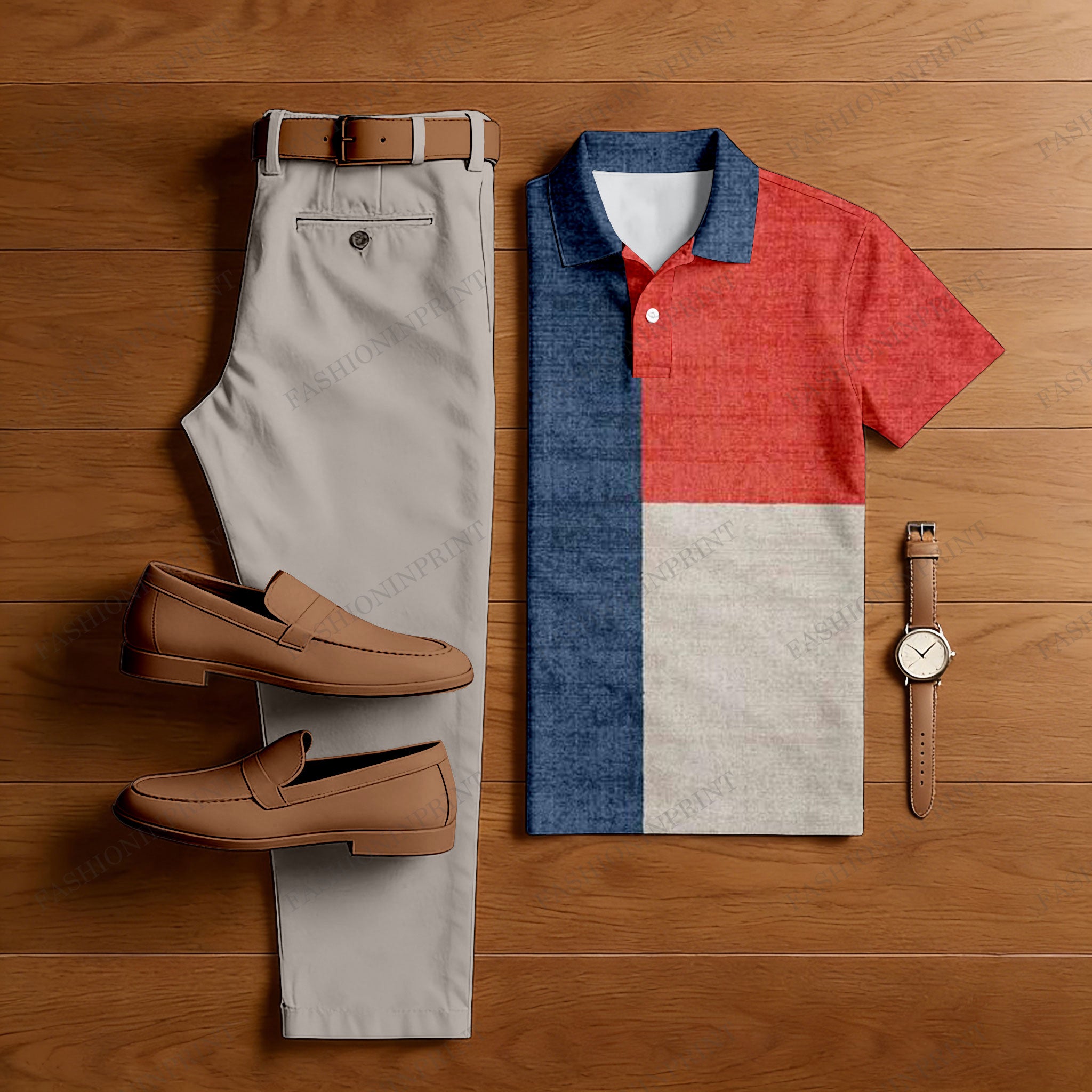 Men's Casual Khaki Gray & Navy & Red Color Matching Printed Short Sleeved Polo Shirt & Trousers Two-Piece Set