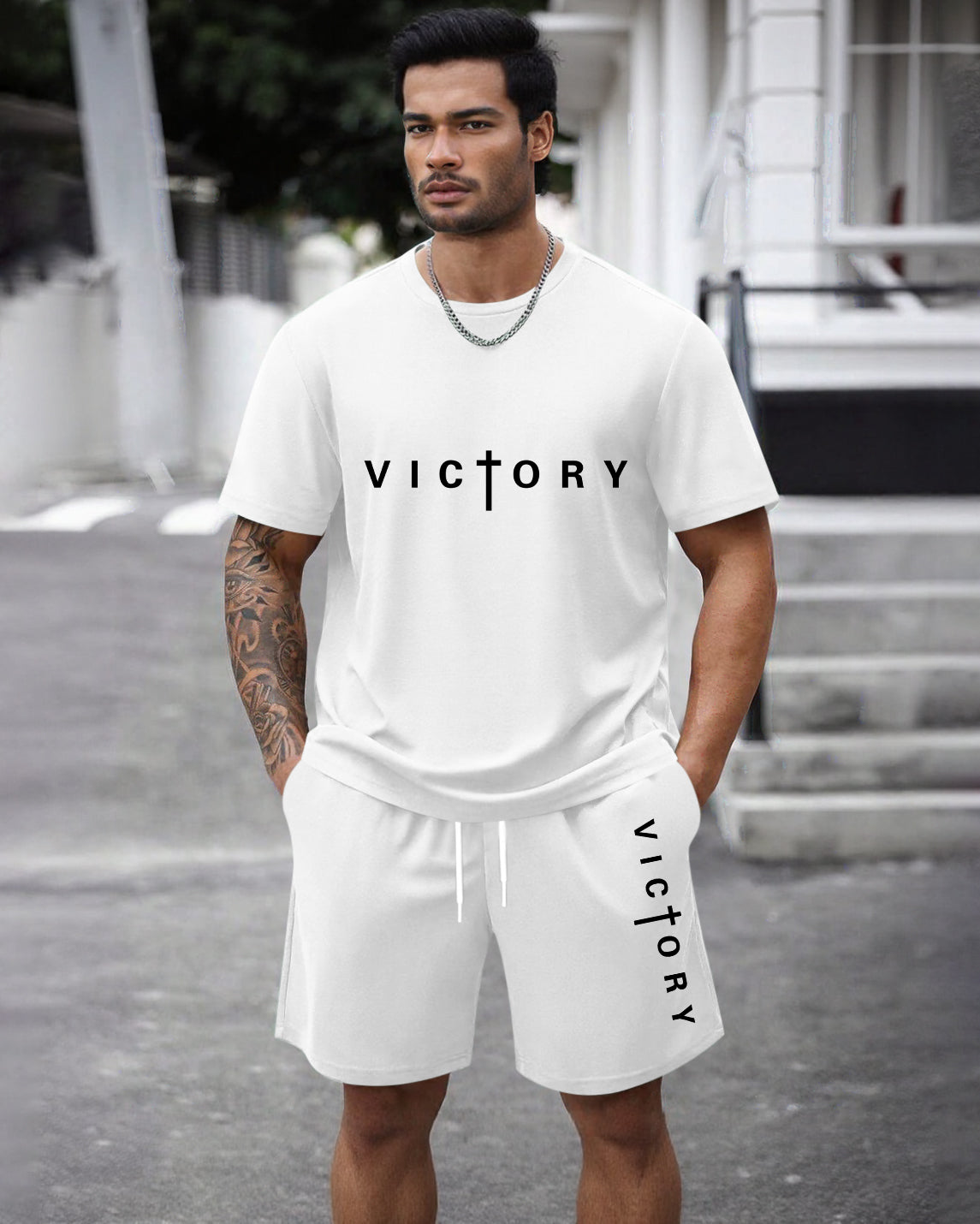 Men's Summer Colorblock Printed Round Neck Set 467