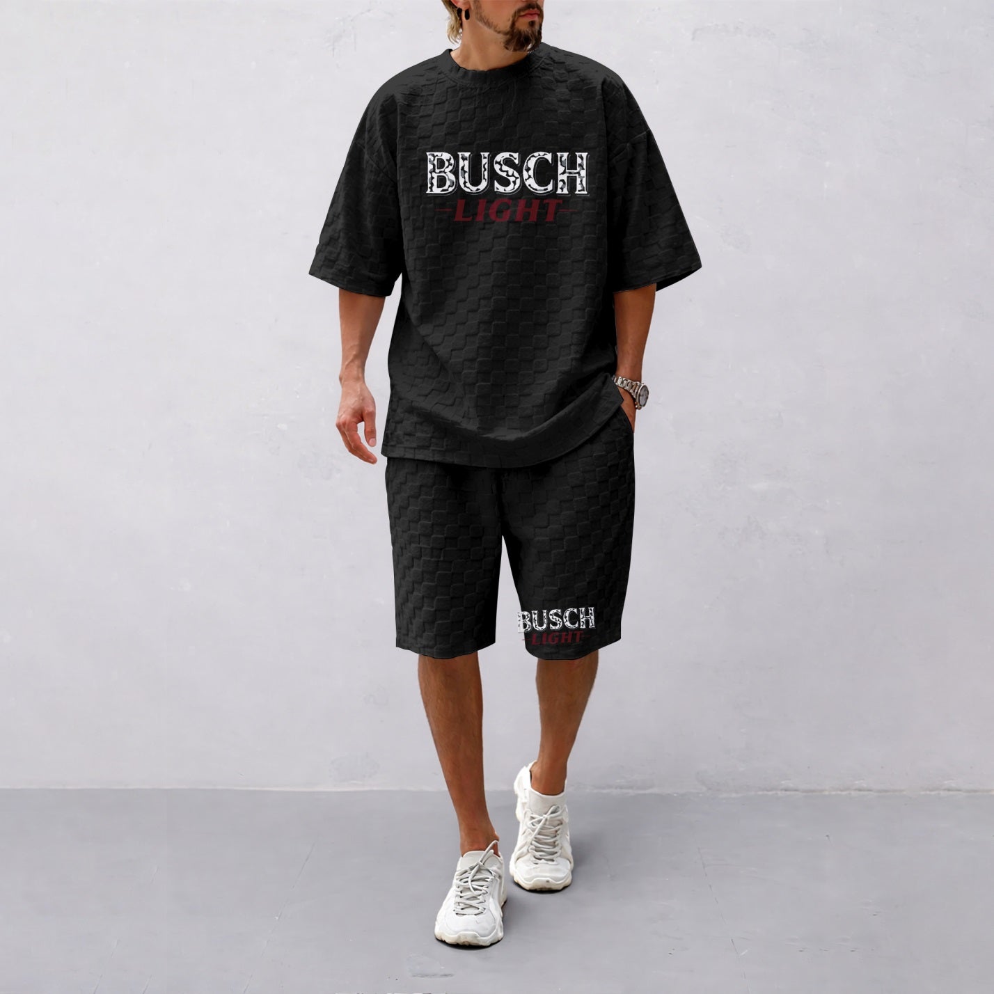 Men's Spring And Summer Classic Beer Print With Red And Black Line Checkered Fabric Drawstring Shorts Set, Casual Summer Outfit With Short-Sleeved Shirt And Shorts, Ideal For Everyday Wear And Sports Activities