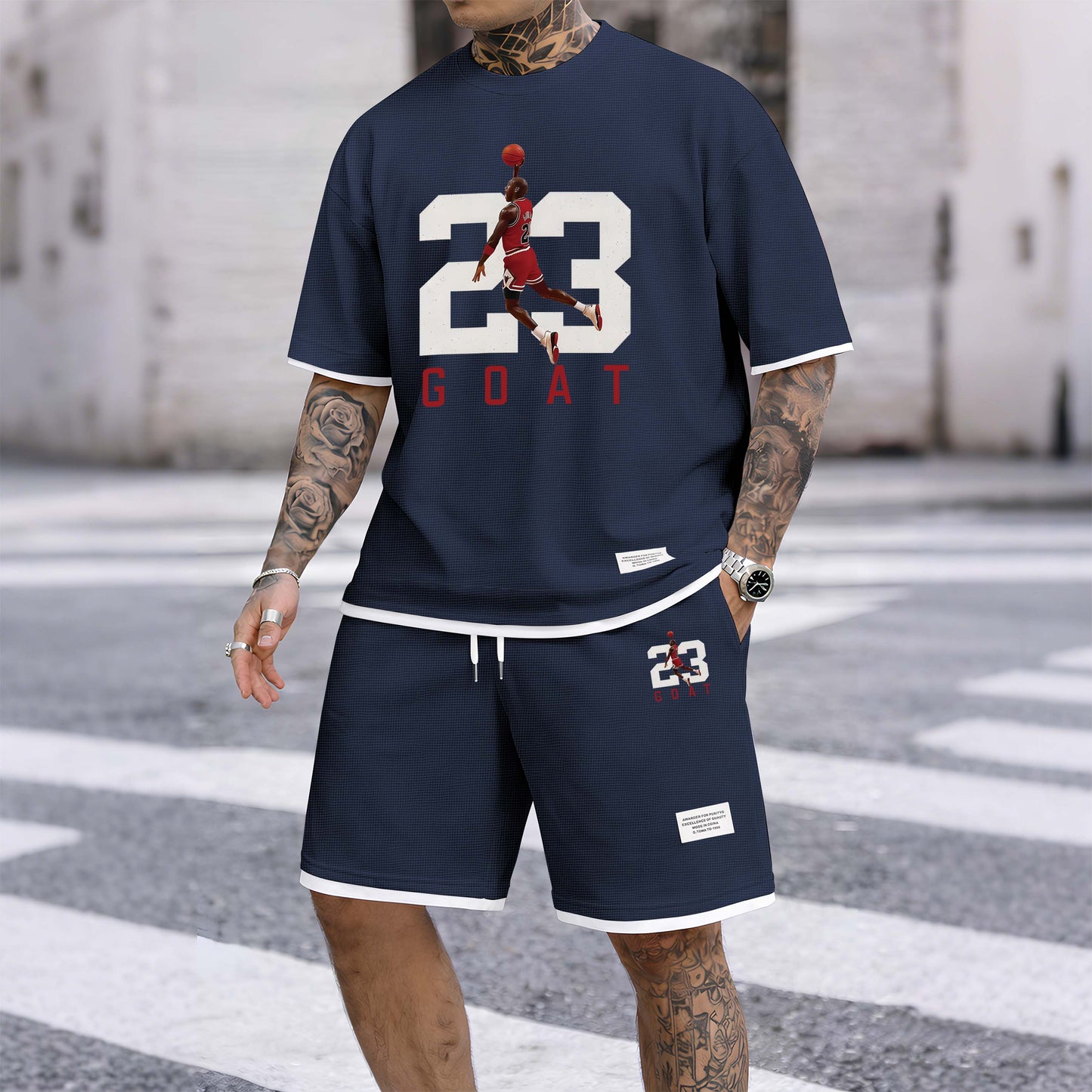 Men's Basketball 23 Print Drawstring Shorts Set For Spring/Summer. A Casual Summer Outfit, Including A Short-Sleeved Shirt And Shorts, Suitable For Everyday Wear And Sports. A Two-Piece Set For A Relaxed And Energetic Lifestyle.