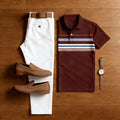 Men's Casual Burgundy Color Matching Striped Printed Short Sleeved Polo Shirt & White Trousers Two-Piece Set