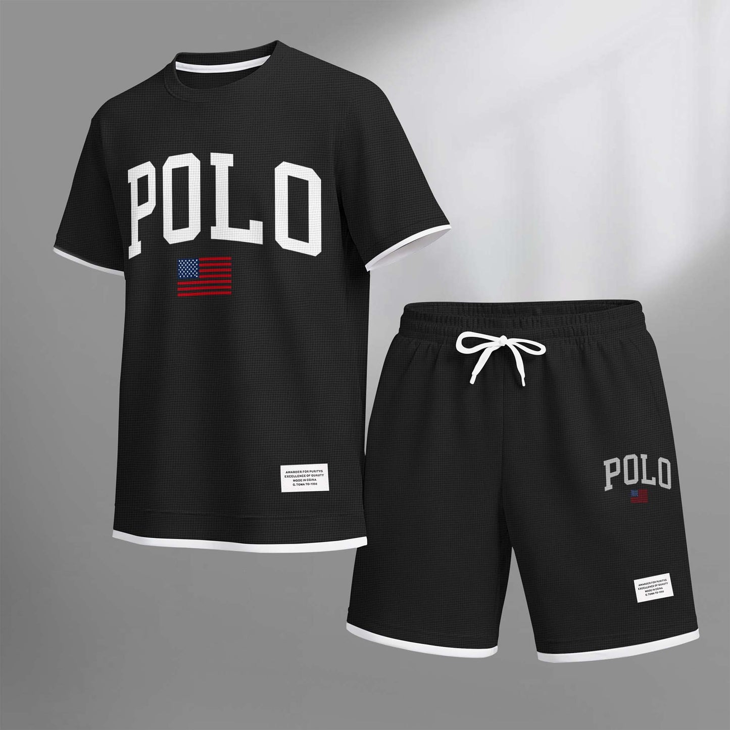 Men's Polo Print Drawstring Shorts Set For Spring/Summer. A Casual Summer Outfit, Including A Short-Sleeved Shirt And Shorts, Suitable For Everyday Wear And Sports. A Two-Piece Set For A Relaxed And Energetic Lifestyle.