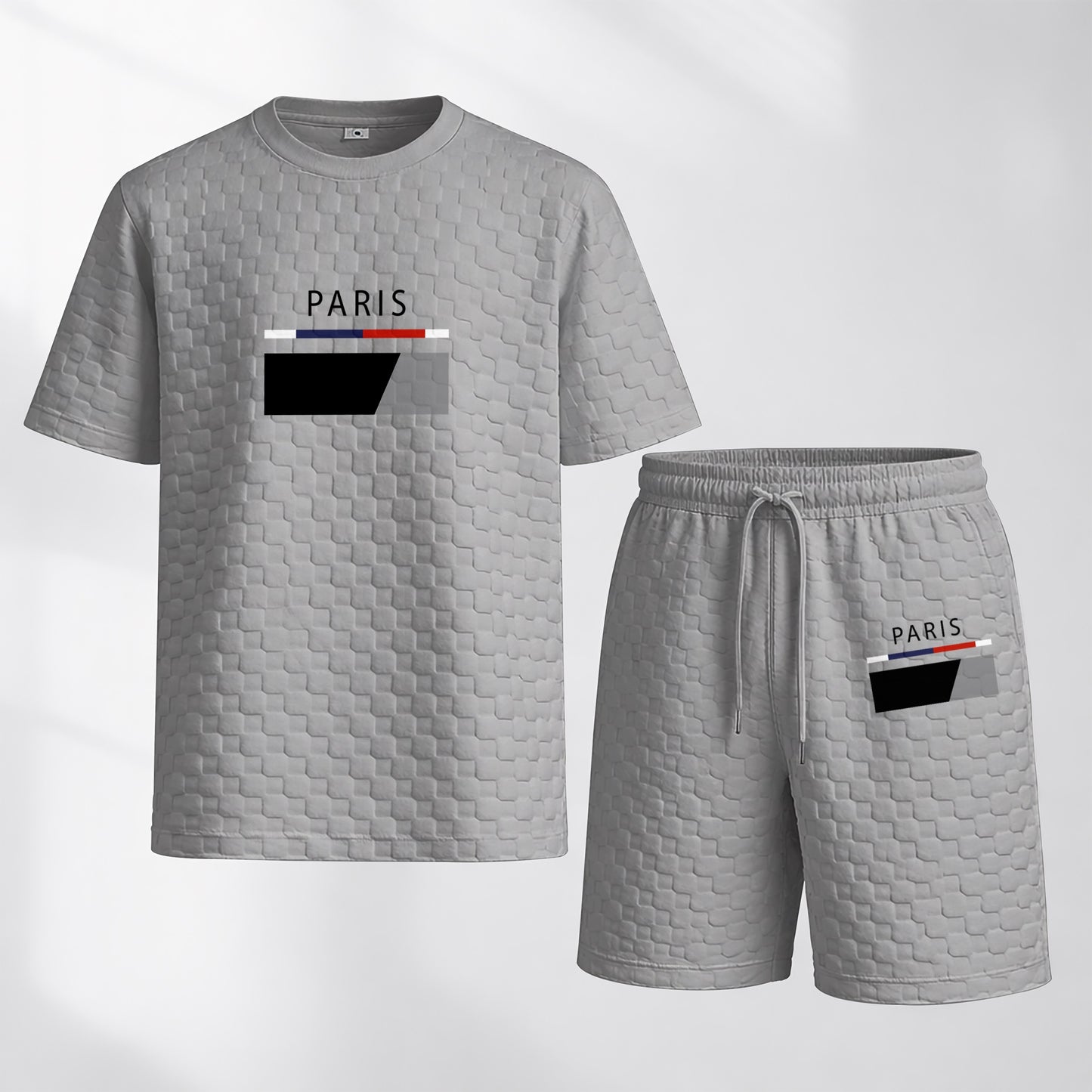 Men's Spring and Summer Paris Letter Print Checkered Fabric Drawstring Shorts Set, Casual Summer Outfit with Short-Sleeved Shirt and Shorts, Ideal for Everyday Wear and Sports Activities
