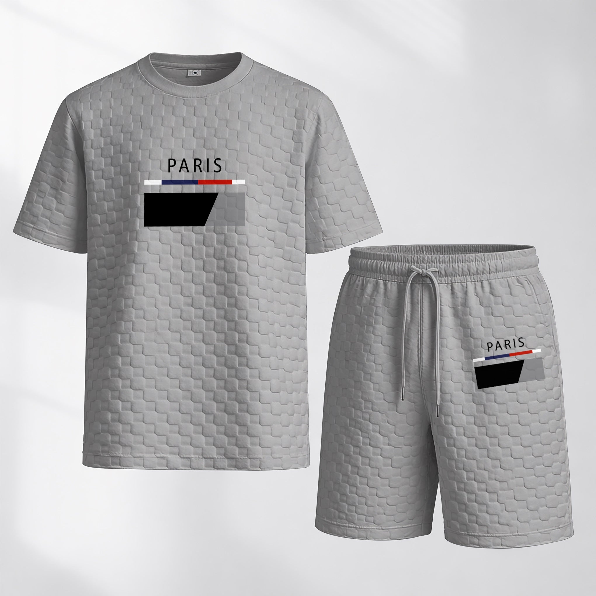 Men's Spring and Summer Paris Letter Print Checkered Fabric Drawstring Shorts Set, Casual Summer Outfit with Short-Sleeved Shirt and Shorts, Ideal for Everyday Wear and Sports Activities