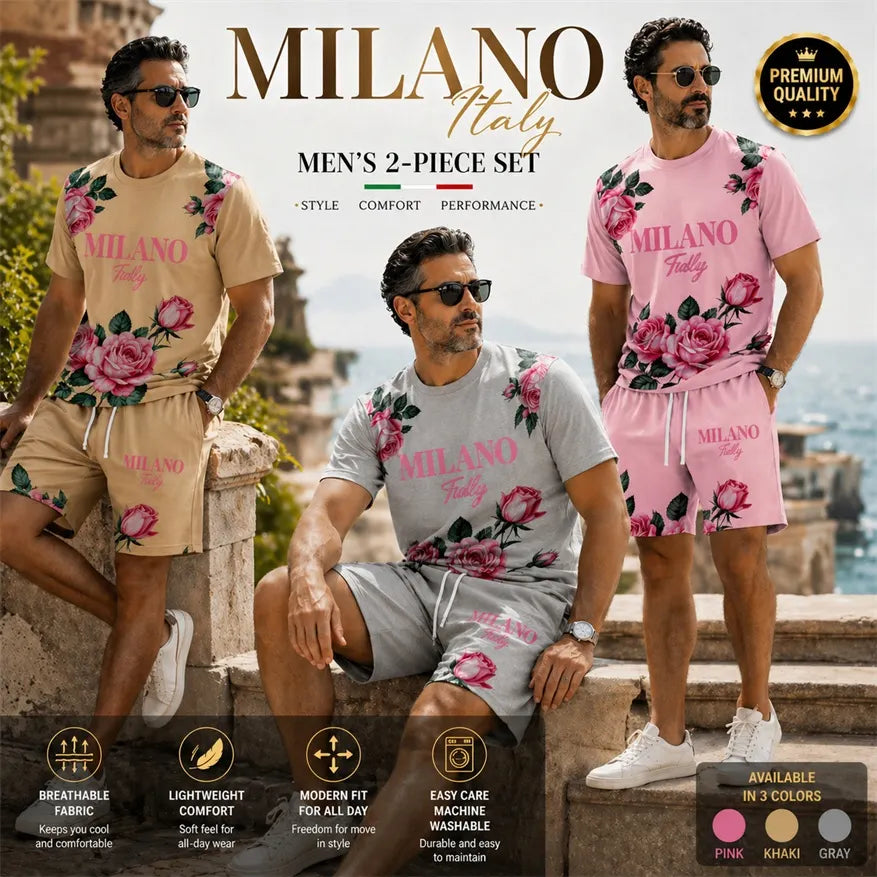 Men’s MILANO Graphic T Shirt and Shorts Set, Italy Inspired 2 Piece Matching Outfit with Short Sleeve Tee and Elastic Waist Drawstring Shorts, Soft Breathable Summer Set for Holiday, Street Style, Travel, and Everyday Wear