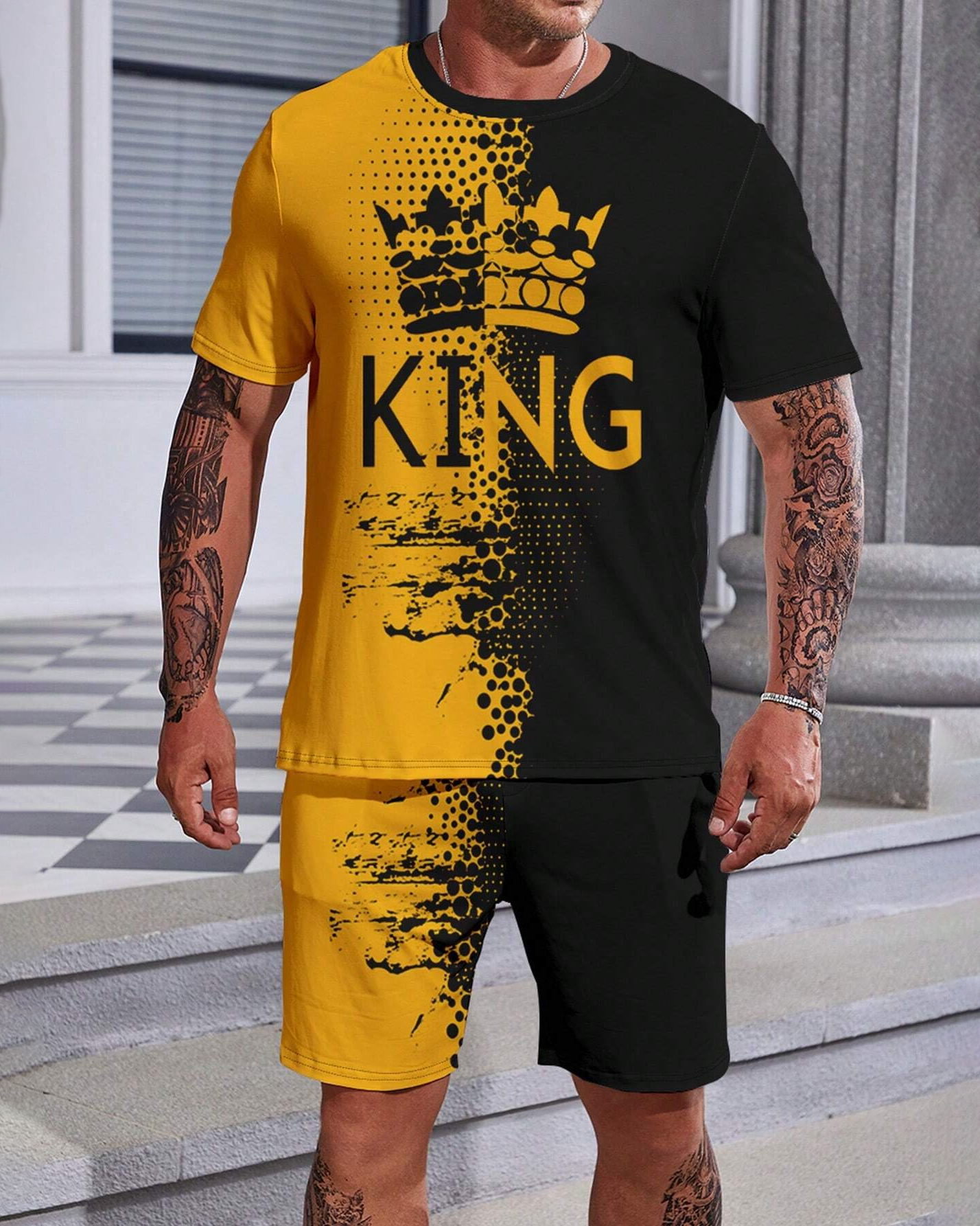 Men's casual color block printed shorts Set 508