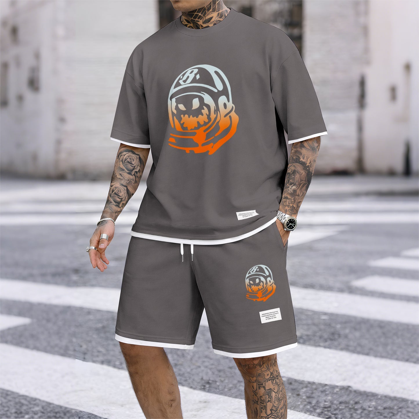 Men's Football Boy print drawstring shorts set for spring/summer, a casual summer outfit including a short-sleeved shirt and shorts, suitable for everyday wear and sports. A two-piece set for a relaxed and energetic lifestyle.