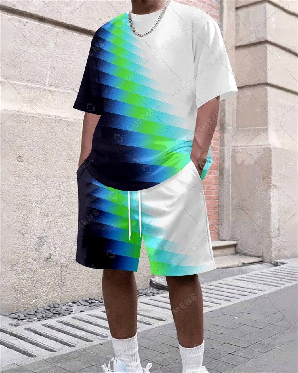 Men's Summer Gradient Print Round Neck Set 367