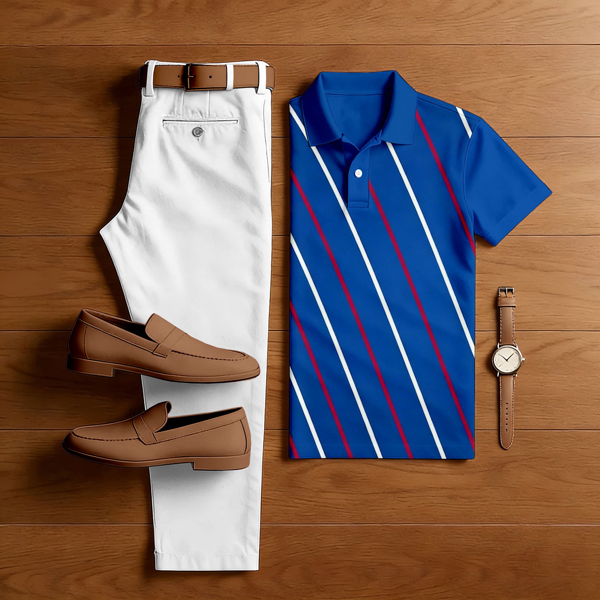 Men's Casual Dark Blue Slash Printed Polo Shirt And Pants Two-Piece Set