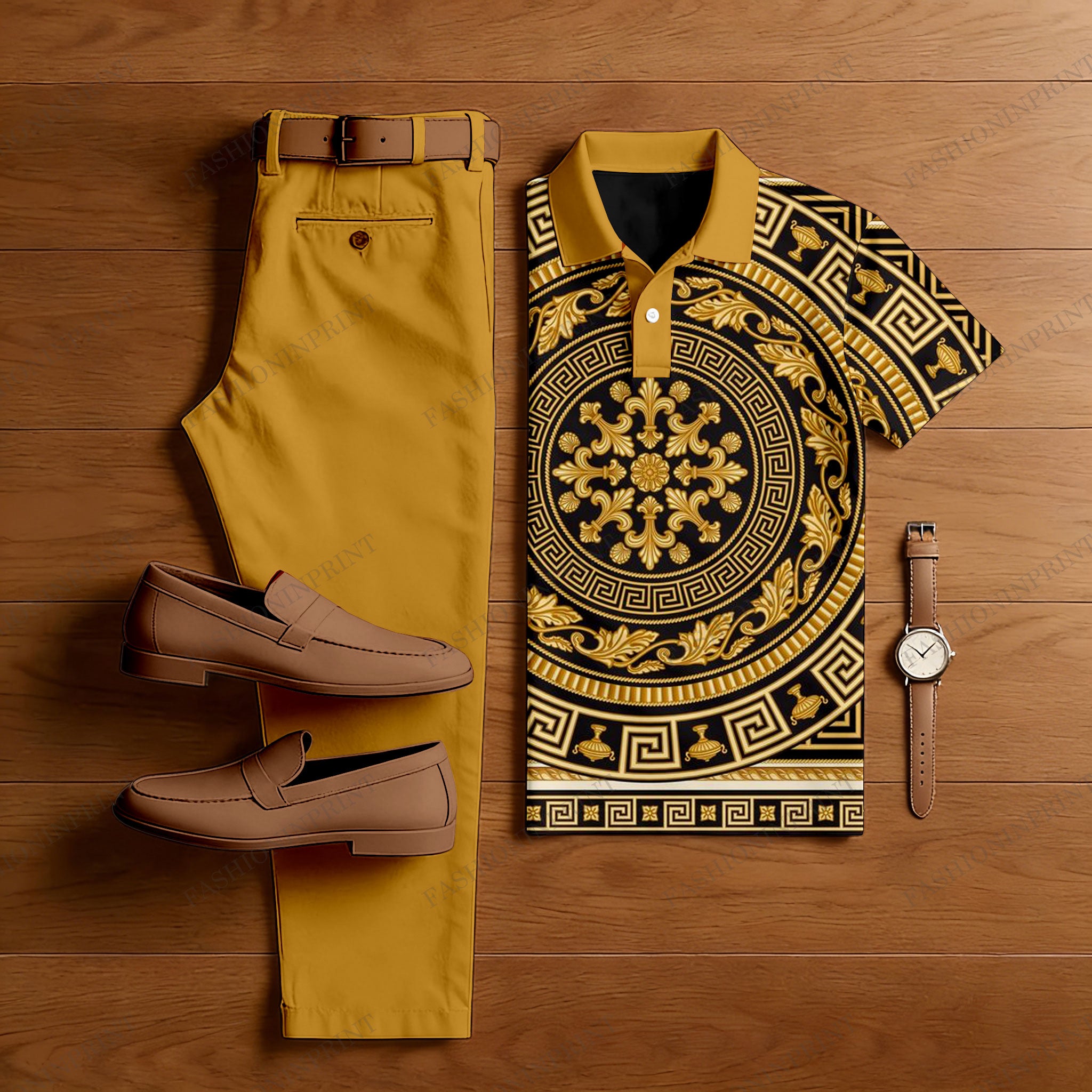 Men's Casual Ginger Yellow & Black Color Matching Baroque Style Printed Short Sleeved Polo Shirt & Trousers Two-Piece Set