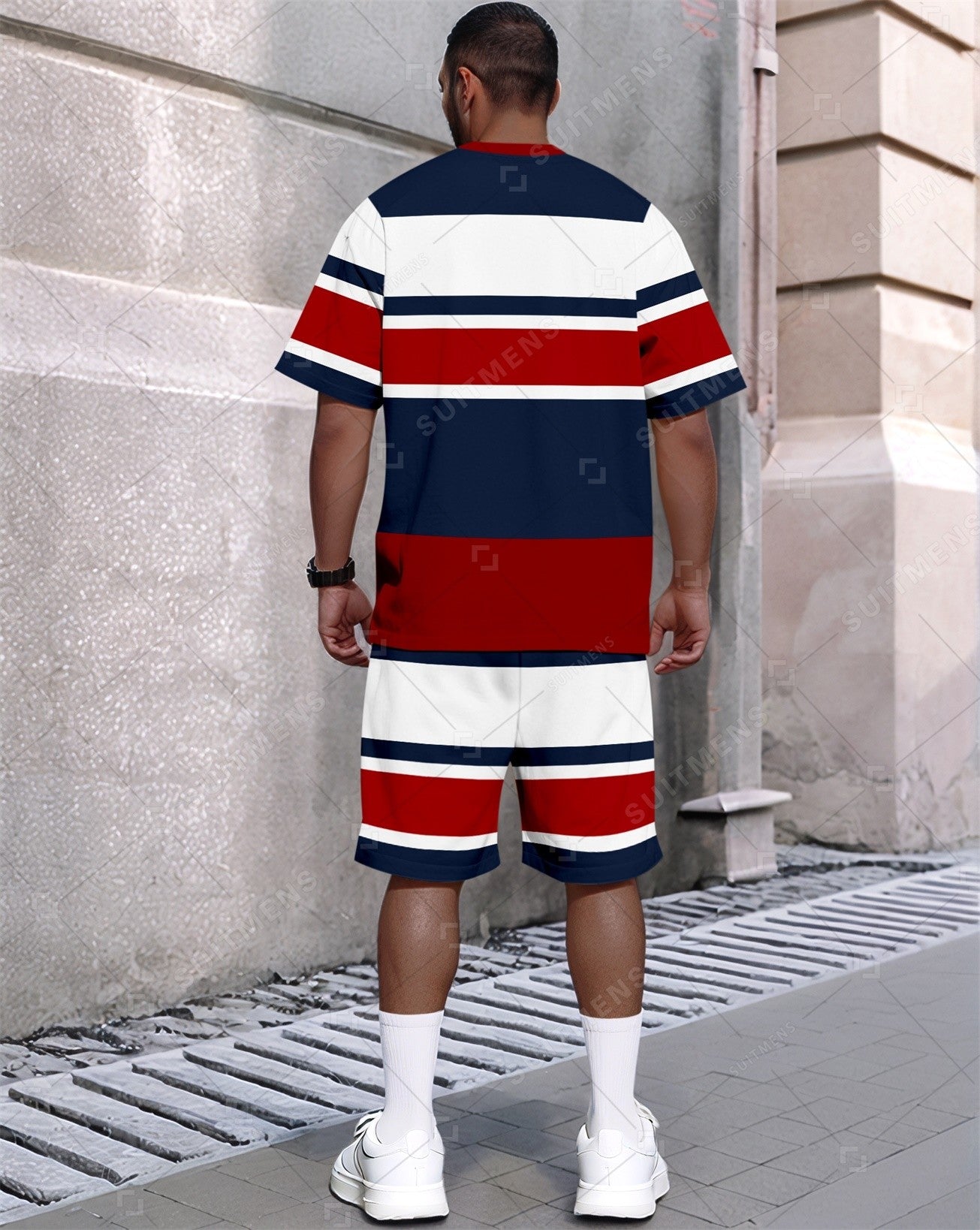 Men's Summer Colorblock Printed Round Neck Set 387