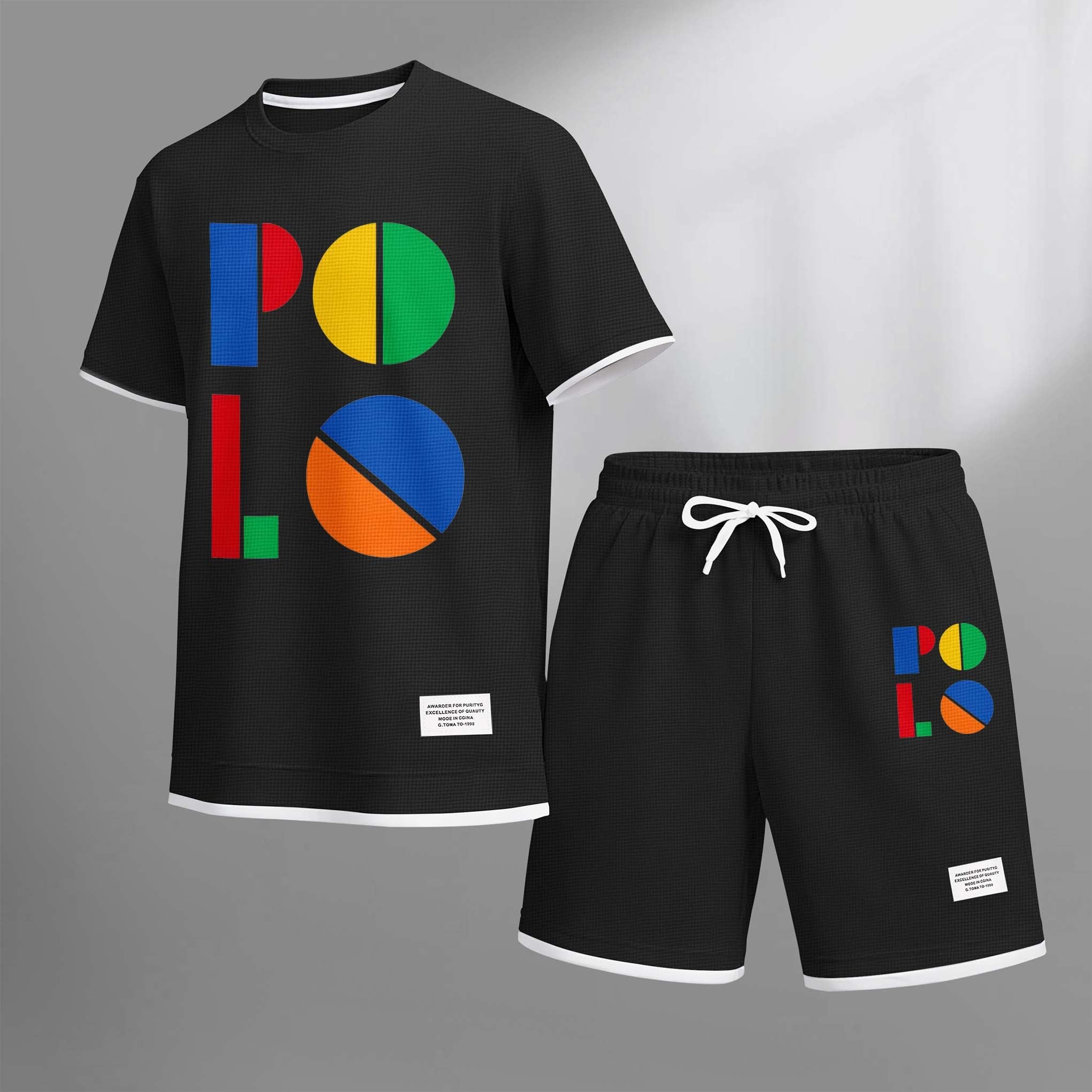 Men's Color Polo Print Drawstring Shorts Set For Spring/Summer. A Casual Summer Outfit, Including A Short-Sleeved Shirt And Shorts, Suitable For Everyday Wear And Sports. A Two-Piece Set For A Relaxed And Energetic Lifestyle.
