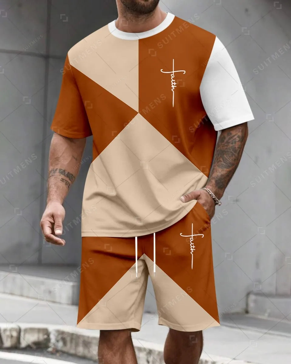 Men's Summer Colorblock Printed Round Neck Set 486