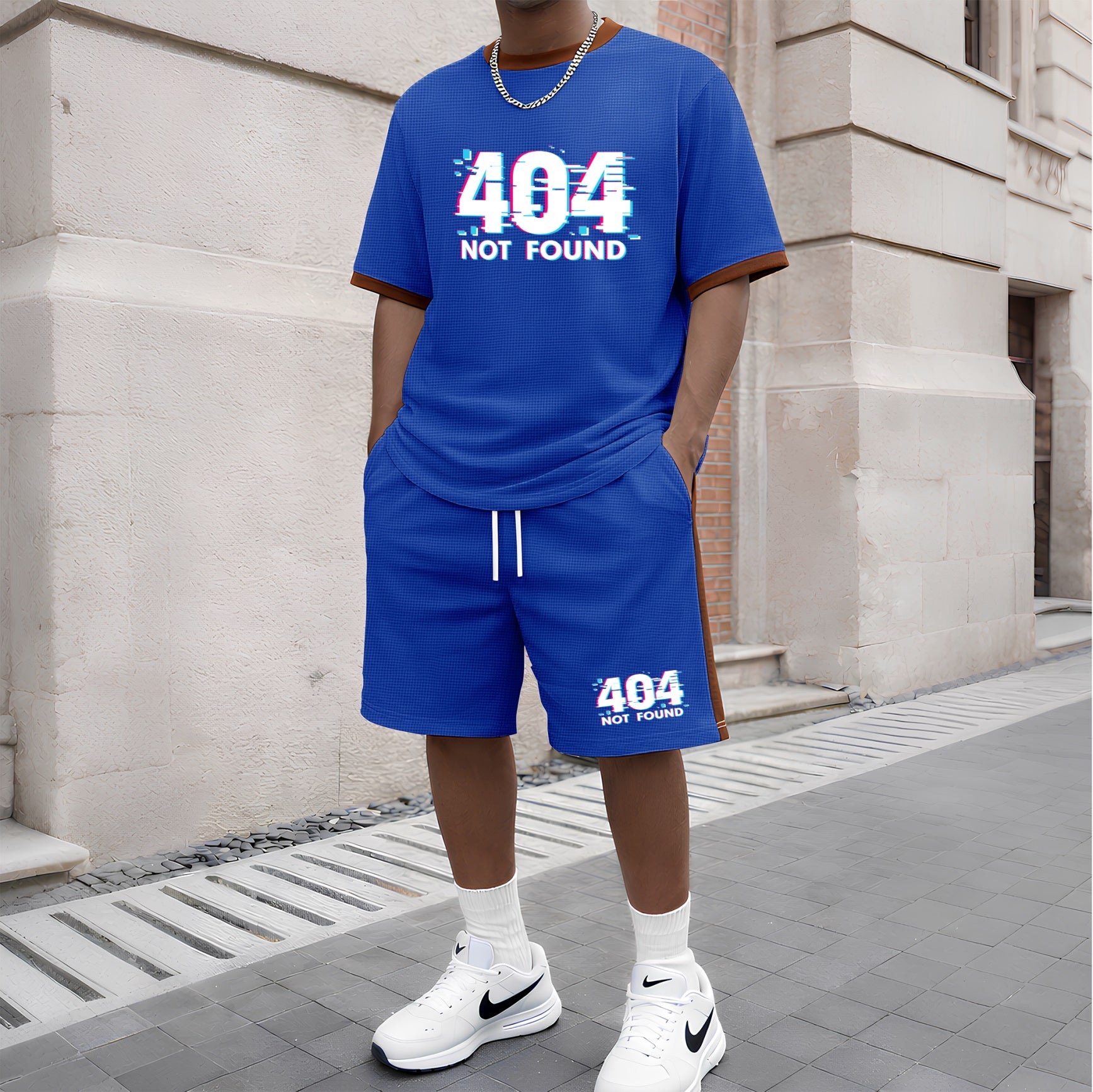 Men's 404 Pattern Short-Sleeve T-Shirt and Drawstring Shorts Set, Men's Clothing, Casual Sportswear Short-Sleeve Top and Shorts, Summer Men's Everyday Wear, Indoor and Outdoor Sportswear, Sports Set