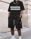 Men's Summer Colorblock Grid Print Crew Neck Suit 042