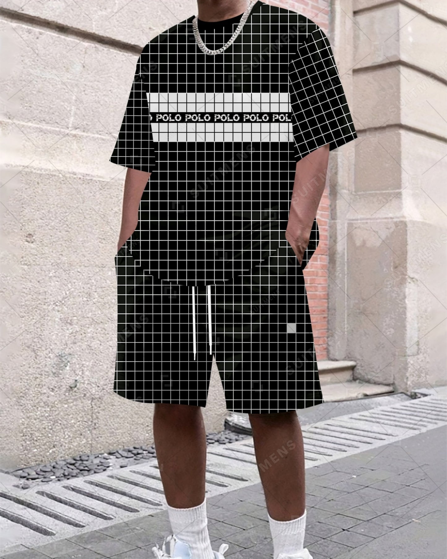 Men's Summer Colorblock Grid Print Crew Neck Suit 042