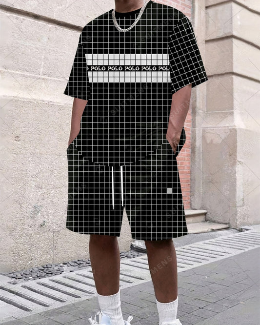 Men's Summer Colorblock Grid Print Crew Neck Suit 042