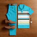 Men's Casual Blue & White Color Matching Striped Printed Short Sleeved Polo Shirt & Trousers Two-Piece Set