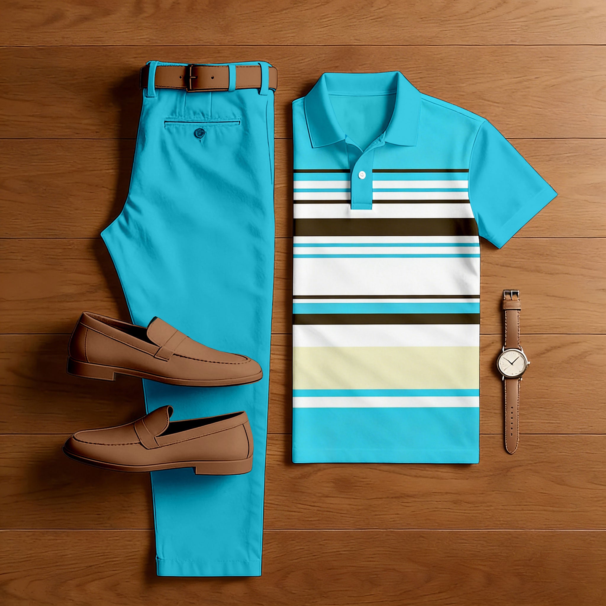 Men's Casual Blue & White Color Matching Striped Printed Short Sleeved Polo Shirt & Trousers Two-Piece Set