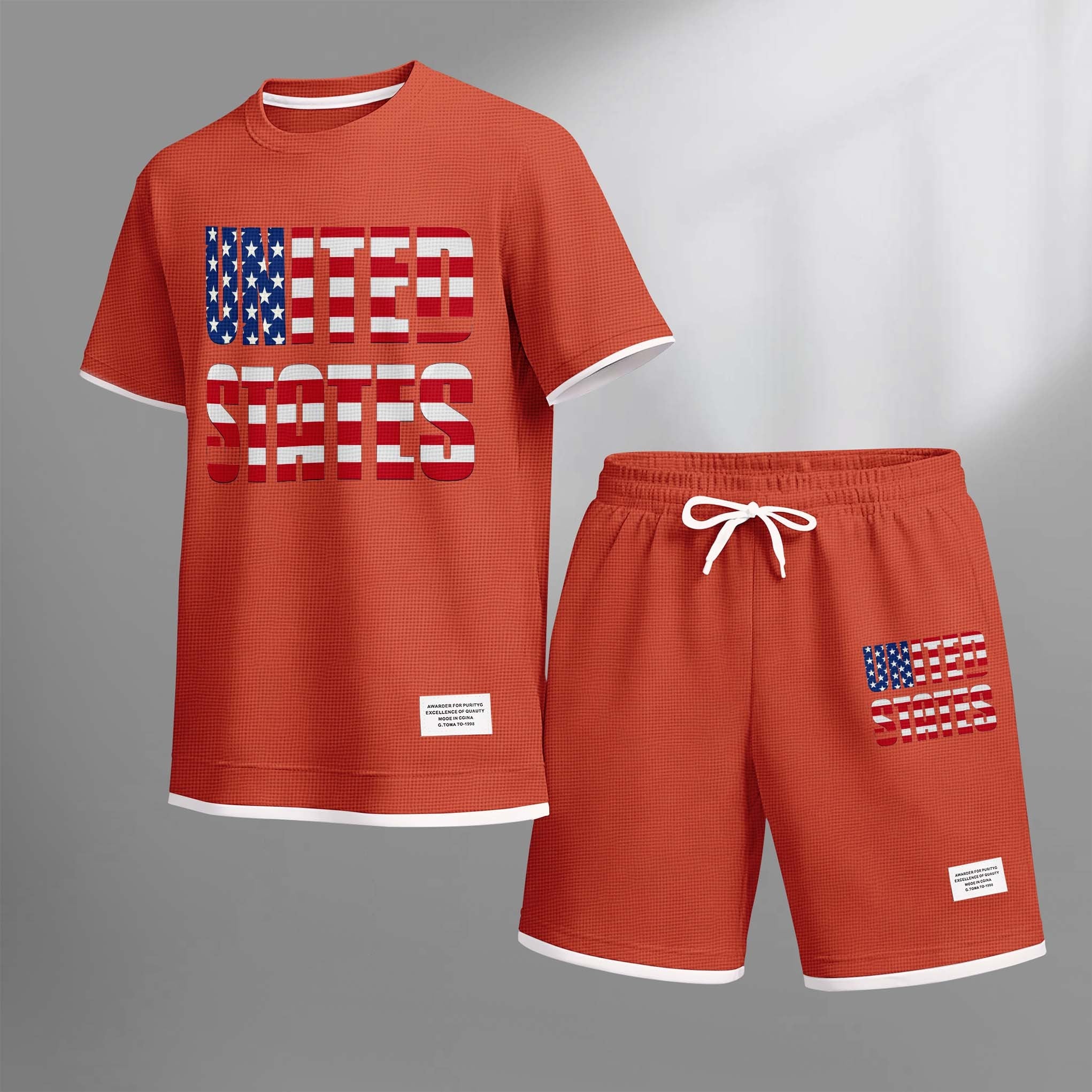 Men's United States Print Drawstring Shorts Set For Spring/Summer. A Casual Summer Outfit, Including A Short-Sleeved Shirt And Shorts, Suitable For Everyday Wear And Sports. A Two-Piece Set For A Relaxed And Energetic Lifestyle.