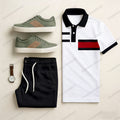 Men's Casual Black & White Color Matching Geometric Printed Short Sleeved Polo Shirt & Trousers Two-Piece Set