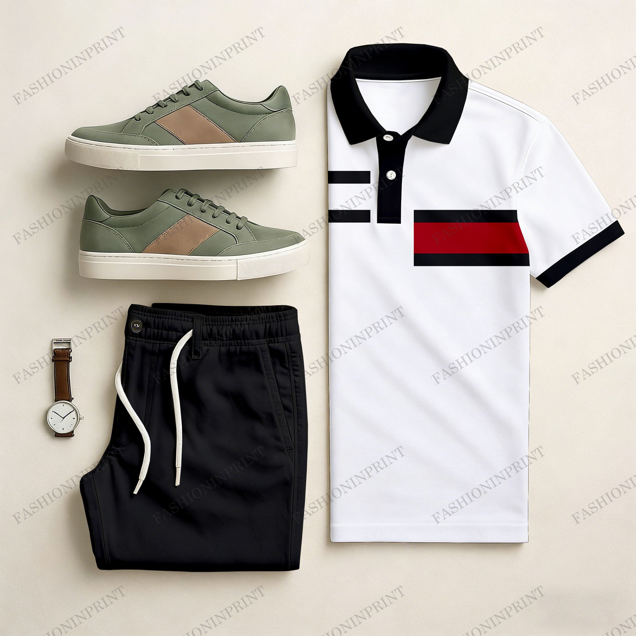 Men's Casual Black & White Color Matching Geometric Printed Short Sleeved Polo Shirt & Trousers Two-Piece Set