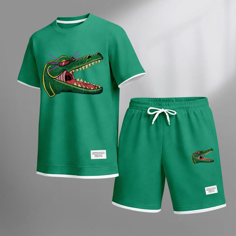 Men's Cartoon Crocodile Head Print Waffle Fabric Short-Sleeved Shirt And Shorts Set