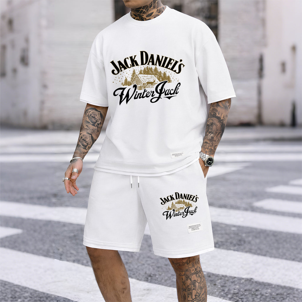 Men's Beer And Beverage Printed Drawstring Shorts Set, Suitable For Spring And Summer Wear, Casual Summer Set, Including Short-Sleeved Shirt And Shorts, Suitable For Everyday Wear And Sports 010