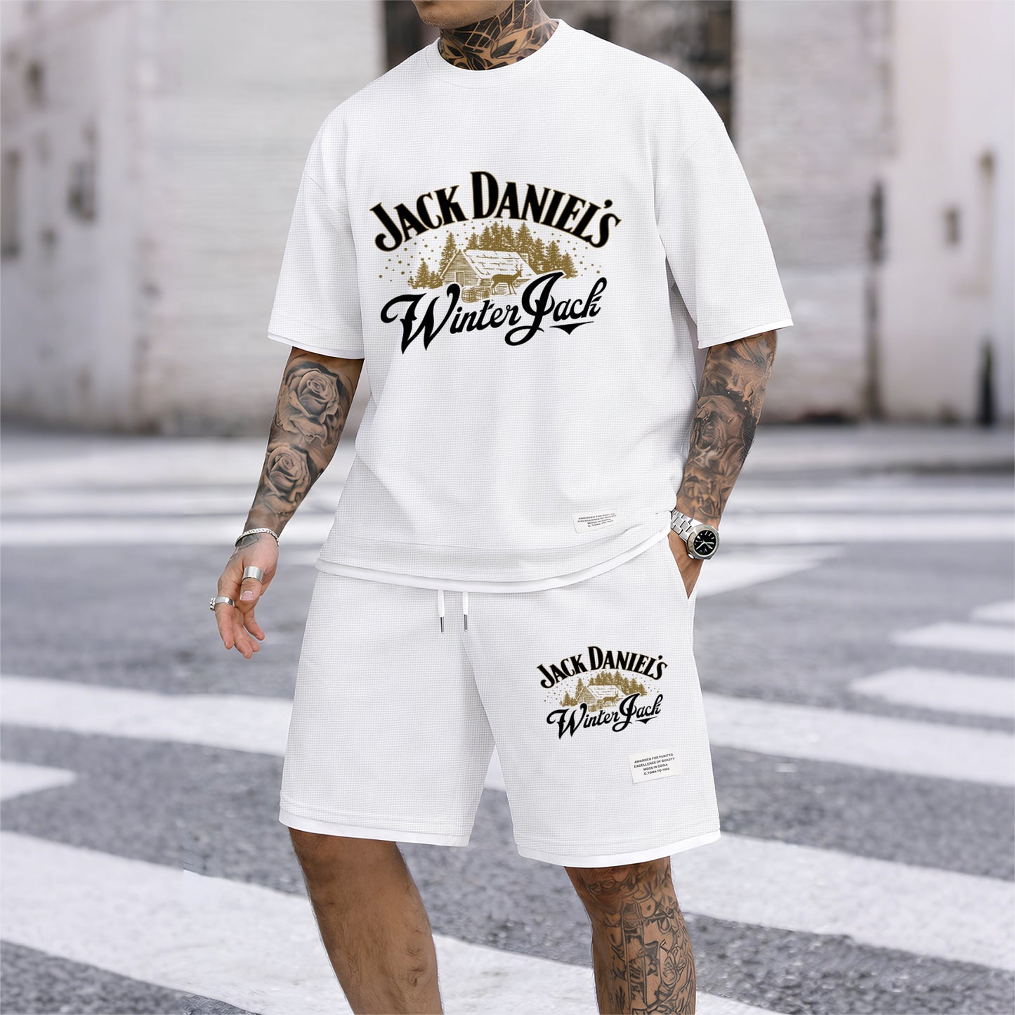 Men's Beer And Beverage Printed Drawstring Shorts Set, Suitable For Spring And Summer Wear, Casual Summer Set, Including Short-Sleeved Shirt And Shorts, Suitable For Everyday Wear And Sports 010