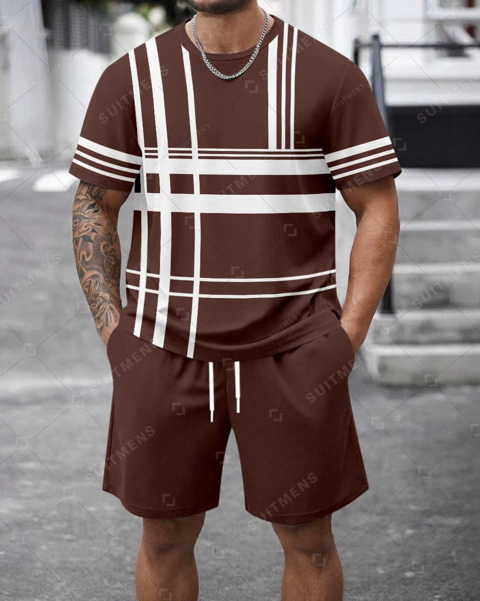 Men's Summer Colorblock Printed Round Neck Set 464