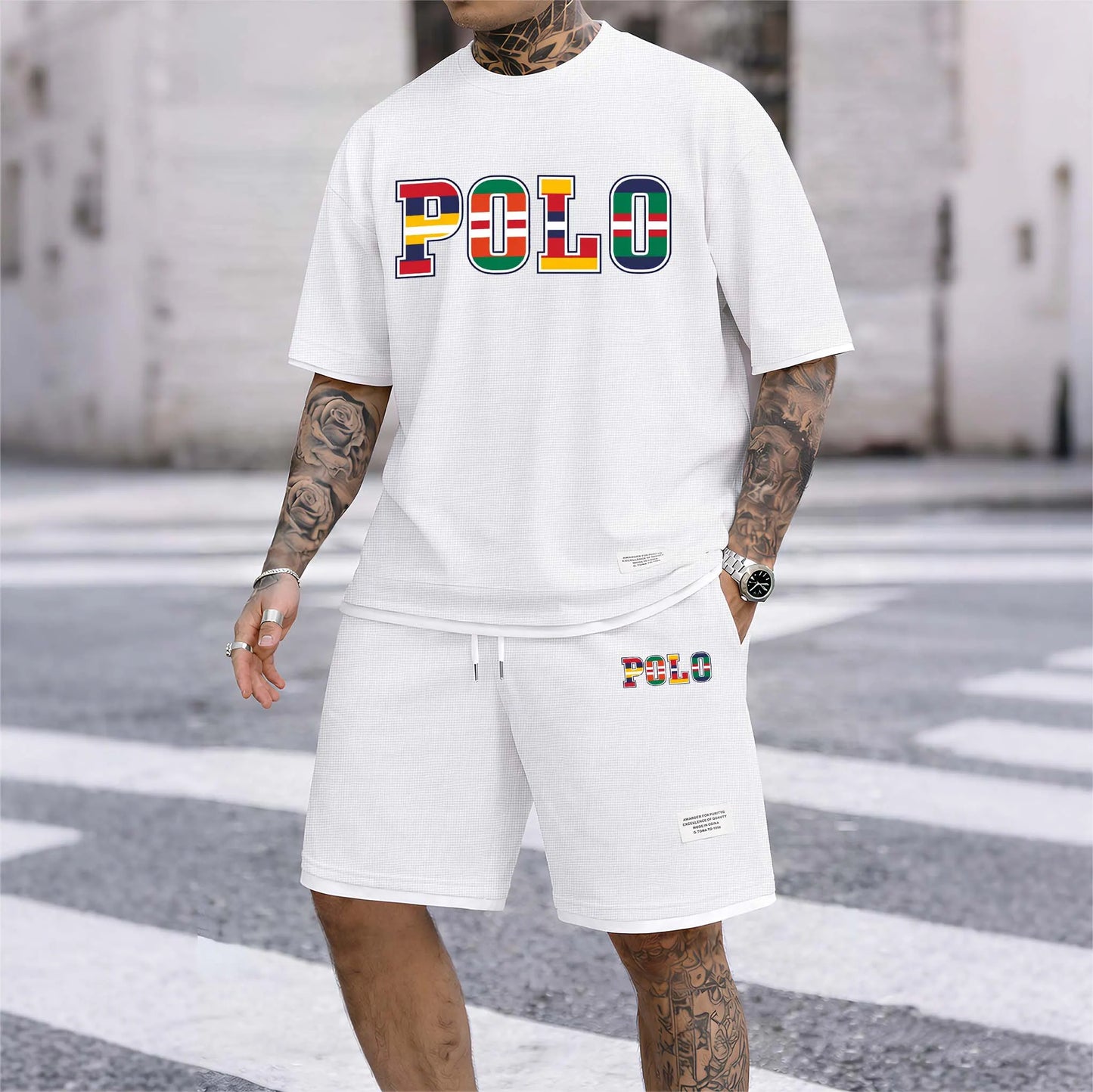Men's Polo Print Drawstring Shorts Set For Spring/Summer. A Casual Summer Outfit, Including A Short-Sleeved Shirt And Shorts, Suitable For Everyday Wear And Sports. A Two-Piece Set For A Relaxed And Energetic Lifestyle.