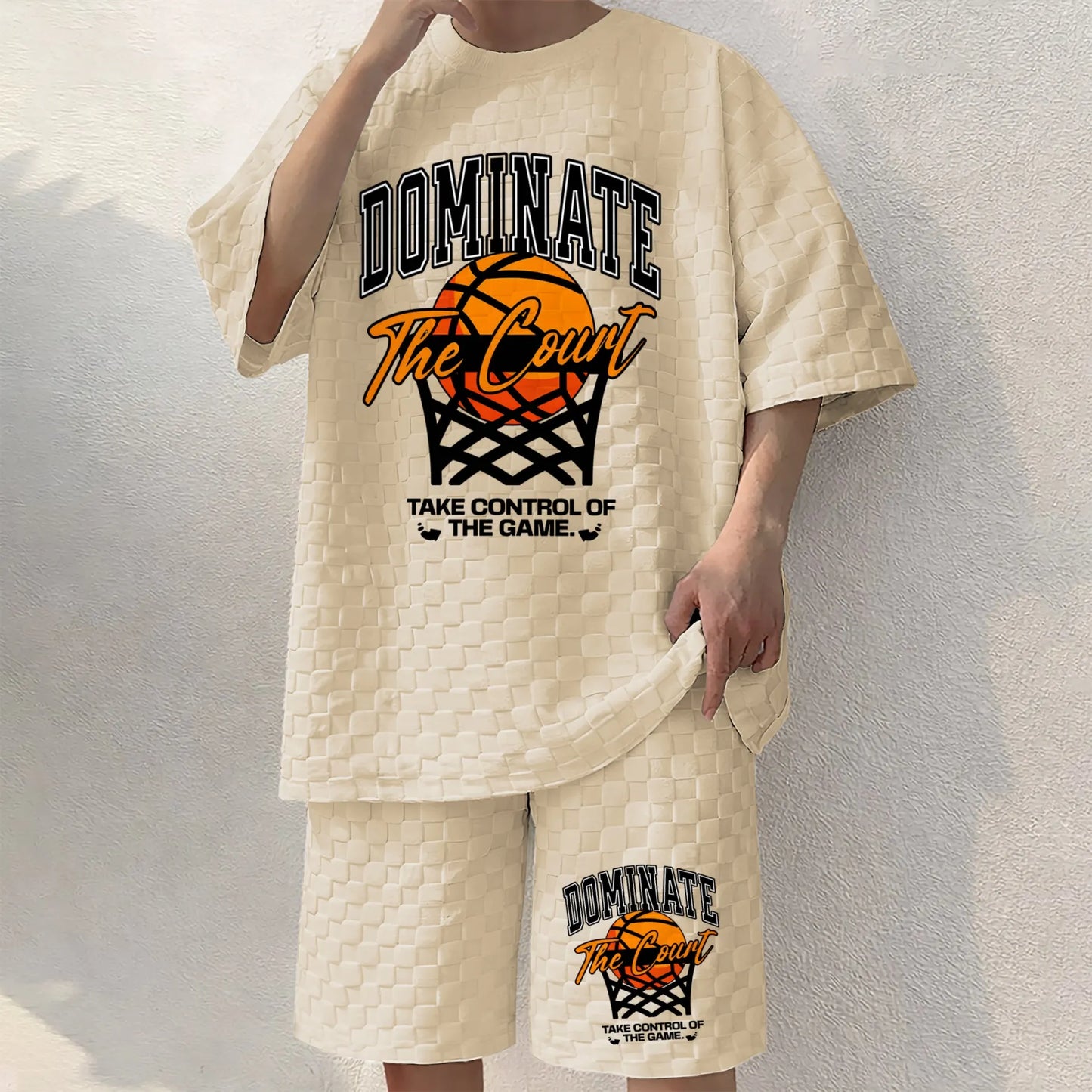 Men's Basketball Print Spring And Summer Drawstring Shorts Set, A Casual Summer Outfit, Including A Short-Sleeved Shirt And Shorts, Suitable For Everyday Wear And Sports Activities.