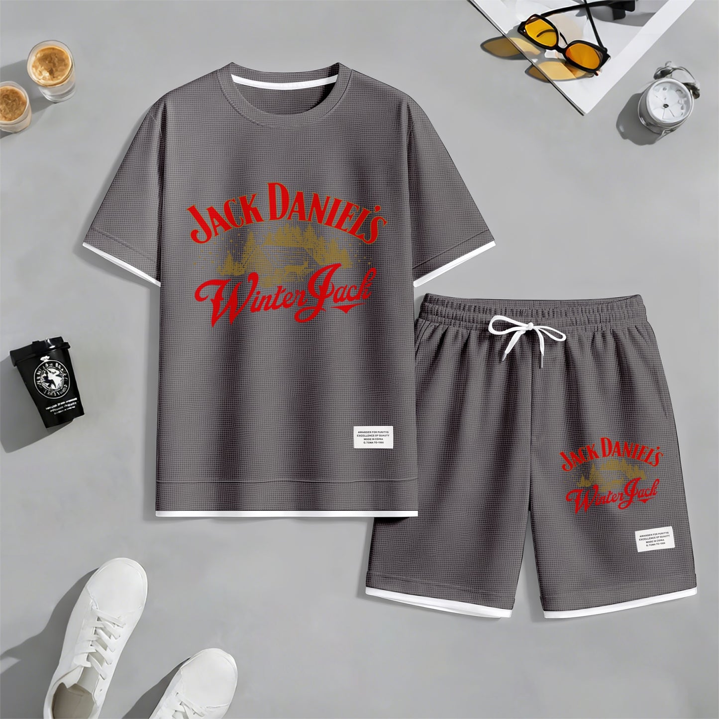 Men's Beer And Beverage Printed Drawstring Shorts Set, Suitable For Spring And Summer Wear, Casual Summer Set, Including Short-Sleeved Shirt And Shorts, Suitable For Everyday Wear And Sports 08